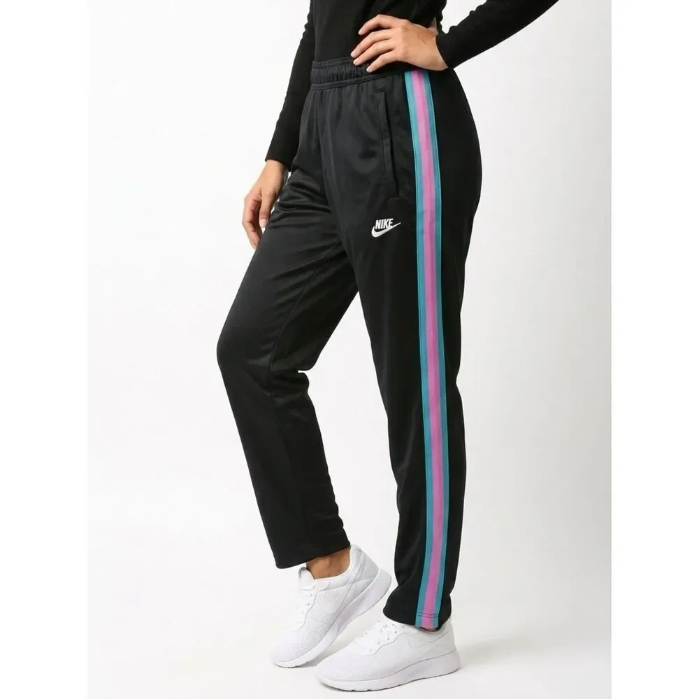 NIKE | Side Stripe Track Pants Black Pink Teal Drawstring Waist Women’s Size L